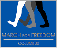 Blue background with three legs walking at top, one white, one gray and one black and the words below March for Freedom Columbus