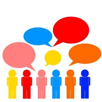 Different colored cartoon people talking in colored speaking bubbles
