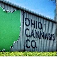 Green state of Ohio shape on a sign and words Ohio Cannabis Co.