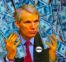 White man with gray hair and a suit with an NRA button on with dollars all around him