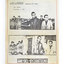 Black and white old newspaper with photos of guys from a band and words The Offense and The Del Byzanteens