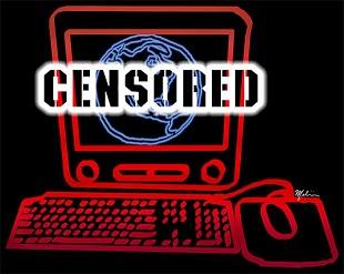 Black background with red line drawing of a computer and the words Censored in white over the screen, which also has a world on the screen