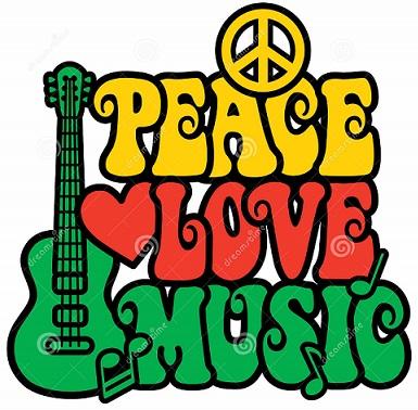 A peace sign anad guitar with the words Peace Love Music and a heart