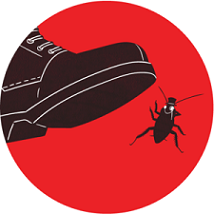 Red circle in background, black shoe drawing coming down on top of a cockroach