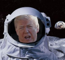 Older white man with mouth open, his face in an astronaut helmet and outfit against blackness of space and a moon in the background