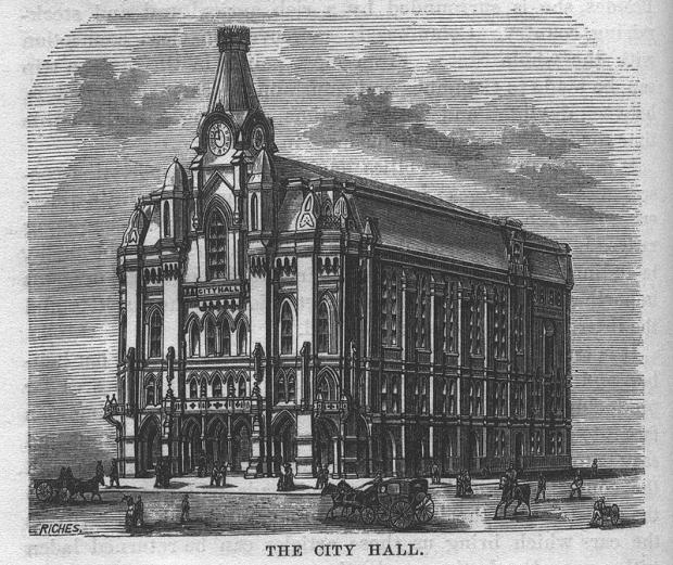 Black and white sketch of old city hall