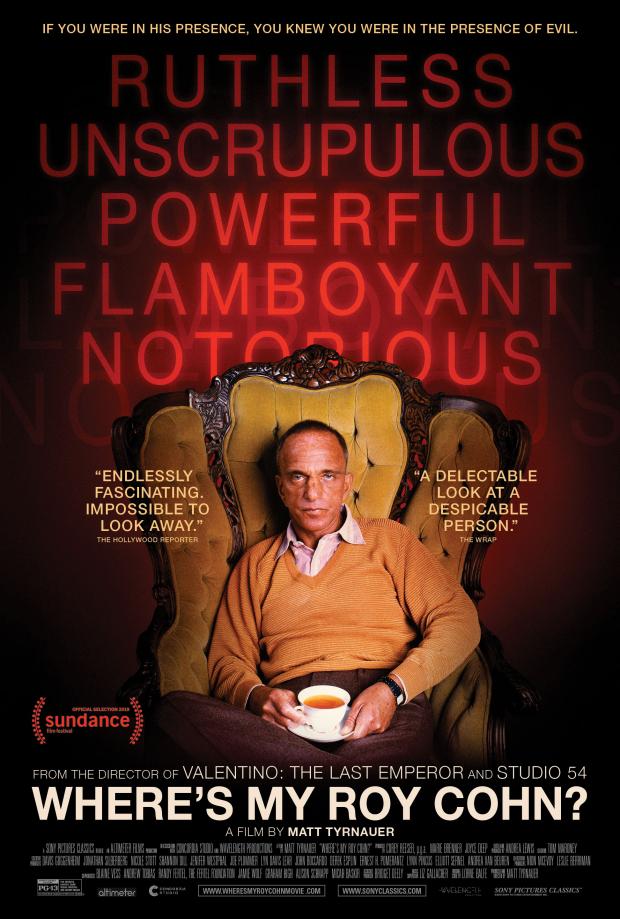 Film poster with words Powerful Flamboyant and Notorious and a middle aged white man sitting in a huge fancy armchair