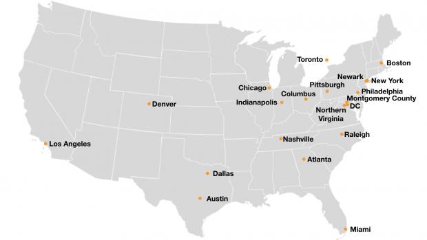 Map of US with spots where they are considering putting Amazon HQs