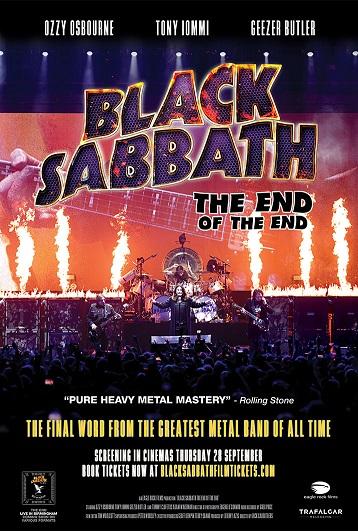 Movie poster with words Black Sabbath the end of the end and them playing in their band on stage in front of a crowd