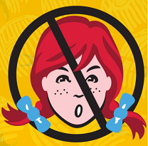 Wendy's logo of a girl's head with red hair in pigtails and freckles with a No sign - a slash through her in a circle