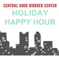 Drawing of skyline with snowflakes and the words Central Ohio worker center holiday happy hour