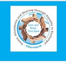 Different colored hands in a circle around the words Care and Share timebank with a blue background