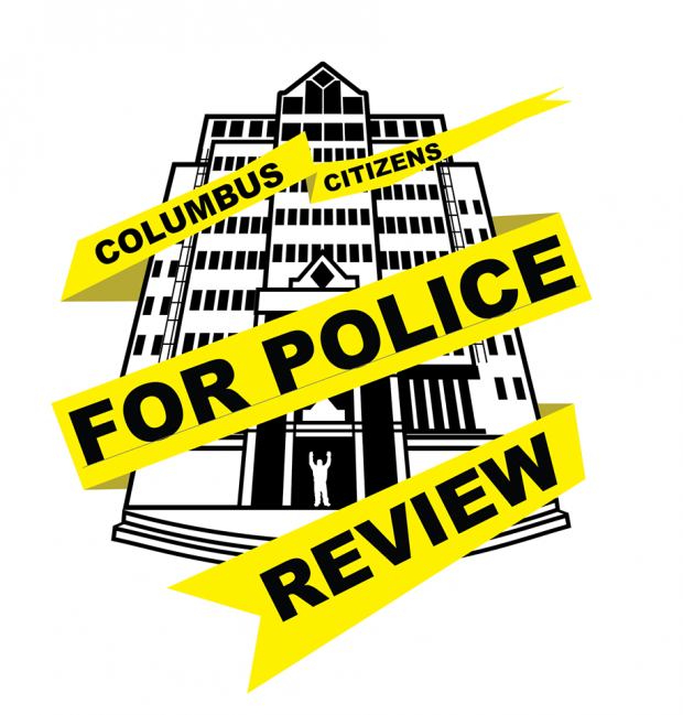 Police building in black and white sketch with yellow emergency tape with words Columbus Citizens for Police Review