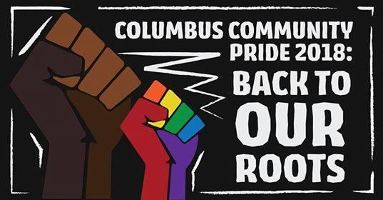 Rainbow colored fist and words Columbus Community Pride 2018 Back to our Roots
