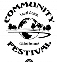 Words Community Festival in a circle and world and trees in the middle and words local action and global impact