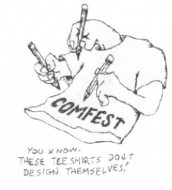 A T-shirt drawing on itself with words Comfest on it