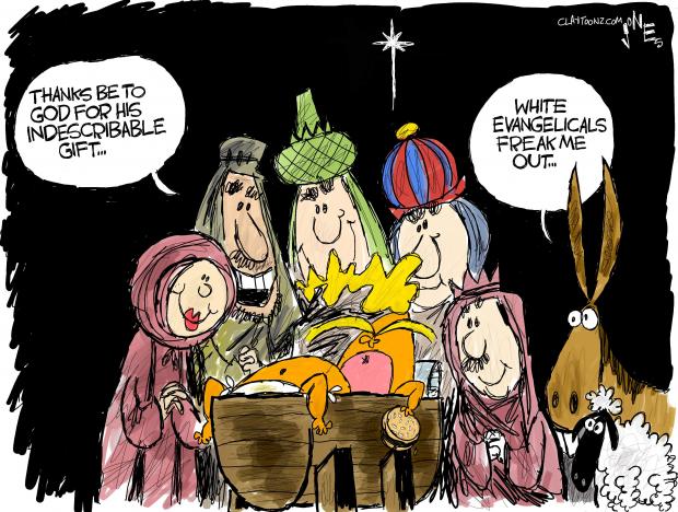 Cartoon of baby Jesus only its Trump in the manger