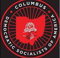 Black background red circle with map of Ohio inside and the rose with two hands shaking DSA logo inside, and the words Democratic Socialists of America Columbus