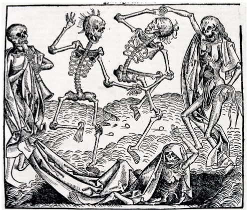 Black and white drawing of scary medieval skeletons