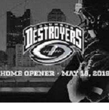Word Destroyers in a logo with a artsy football below and an image of a football player to the right and Columbus downtown skyline to left