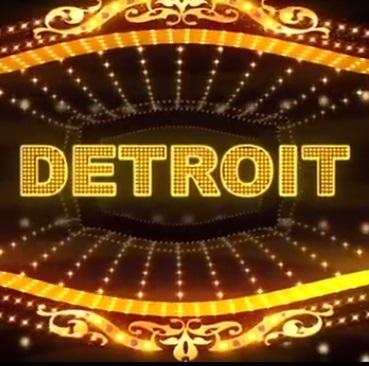 The word DETROIT in gold within a movie marquee
