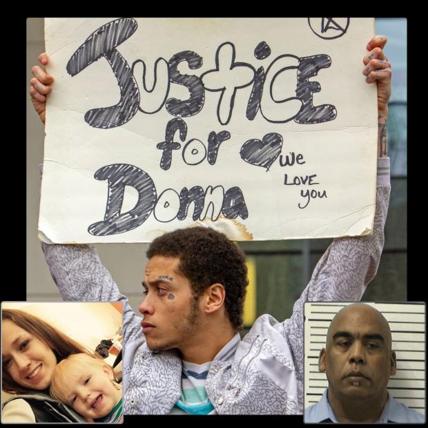 Collage of photos of Donna, Mitchell and someone holding a sign saying "Justice for Donna"