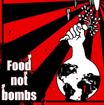 Red and black diagonal stripes in background, Earth with a fist holding a carrot, bombs reigning down and words Food Not Bombs