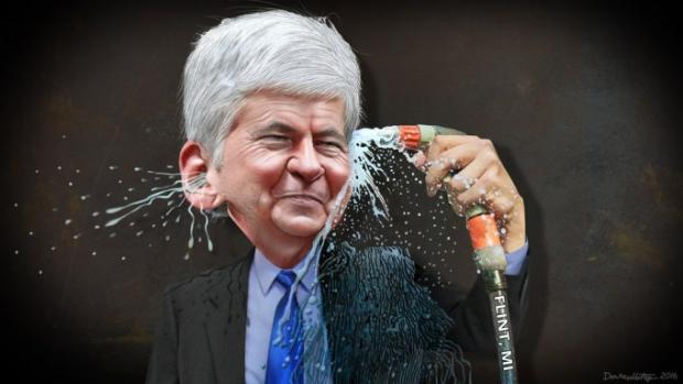 Cartoonish picture of gray haired man spraying water from a hose through his head