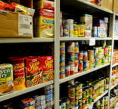 Shelves of canned food in a food pantry