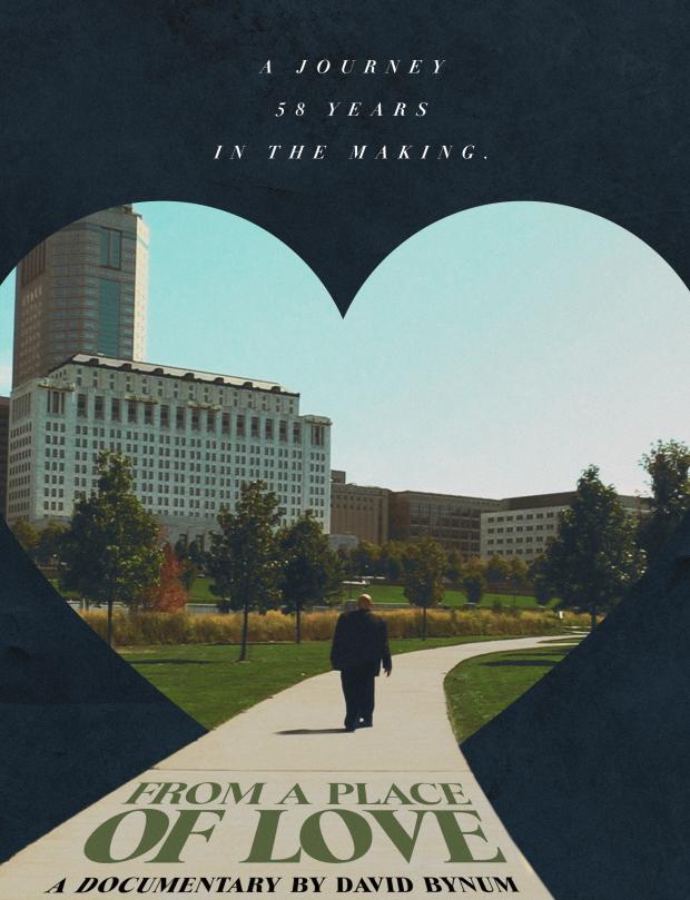 A heart with a man walking on a path and title of movie