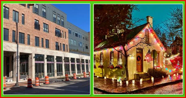 House with Christmas lights and a big flat building