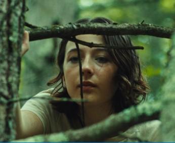 Woman peering through branches of tree