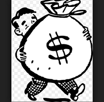 Black and White drawing of man carrying a huge bag of money