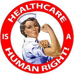 Nurse with fist raised in a red circle that says Health Care is a Human Right