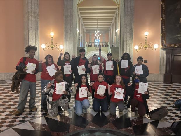 Students posing in the hall