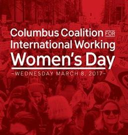 Red logo with women marching in background, words Columbus Coalition International Working women's day