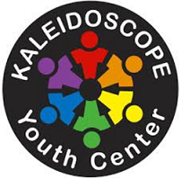 Round black circle with rainbow stick figures in a circle in the middle and words Kaleidoscope Youth Center