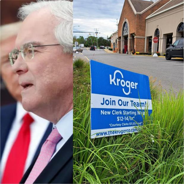 Kroger sign in front of store and face of Kroger executive