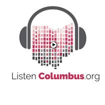 Drawing of headphones with the state of Ohio made out of little red and black squares in between the sides of the headphones and the words ListenColumbus.org