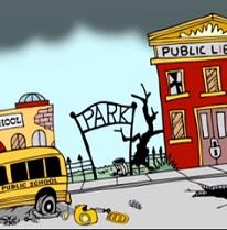 Cartoon of broken down school bus a damaged Park sign and a public school in disrepair