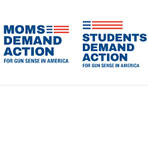 A logo in red and blue against white that says Moms Demand Action and Students Demand Action