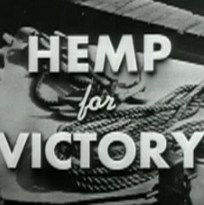 Black and white old time photo of rope on a ship and the words Hemp for VIctory