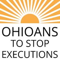 Logo of a half circle in orange like the sun with orange rays coming out all around the top and words Ohioans to Stop Executions