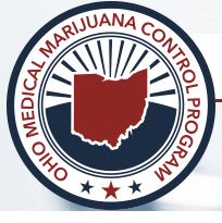 Round circle with words Ohio Medical Marijuana Control Program and a map of Ohio with lines spraying above it