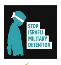 Black Square with silhouette of young child with a blindfold and the words Stop Israeli Military Detention