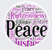 Lots of words grouped together with the word Peace large and center in black and the purple words righteousness, justice