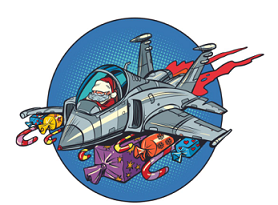 Cartoon of B1 bomber like a Santa Sleigh