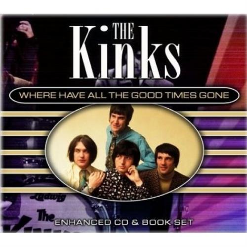 An album cover with words white on black at top The Kinks and Where Have all the good Times gone and then an oval below with yellow background with four young men with brown hair 