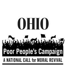 The words Poor People's campaign a National call for moral revival and a drawing of lots of people waving signs and flags