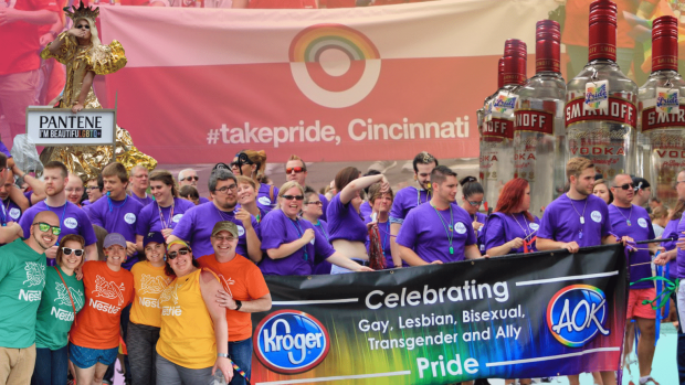 Coporate groups gathering for Pride